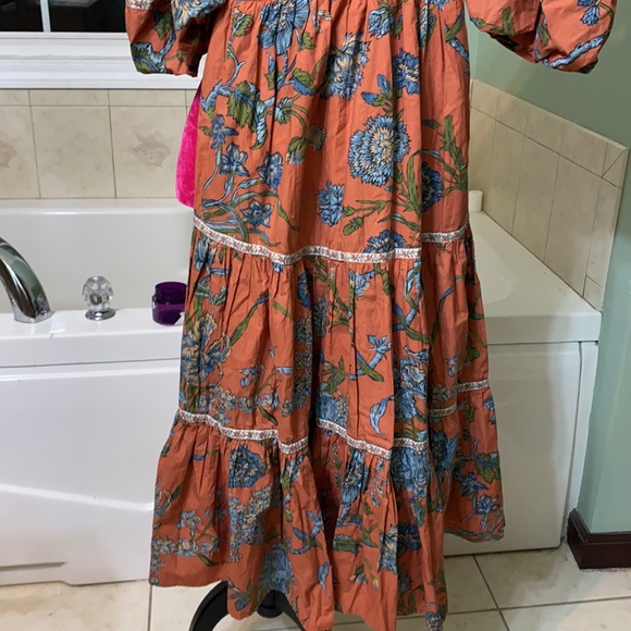 Anthropologie Love the Label Puffed Sleeves Orange Floral Tiered MIDI Dr… - Picture 9 of 13